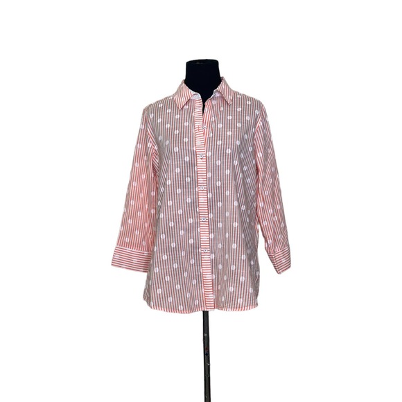 Foxcroft orange white striped polka dots 3/4 sleeves button shaped shirt size 8 - Picture 4 of 11